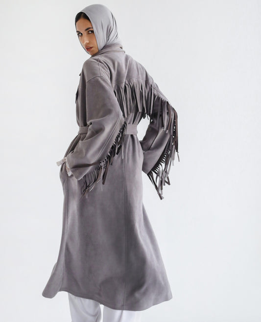 Suede Fringe Coat -Grey
