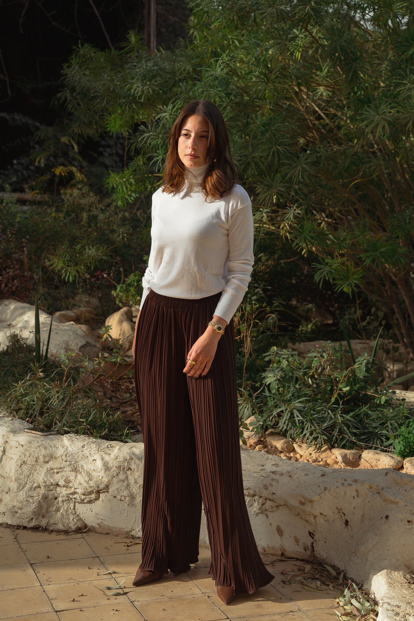 Pleated Flow Pants-Brown