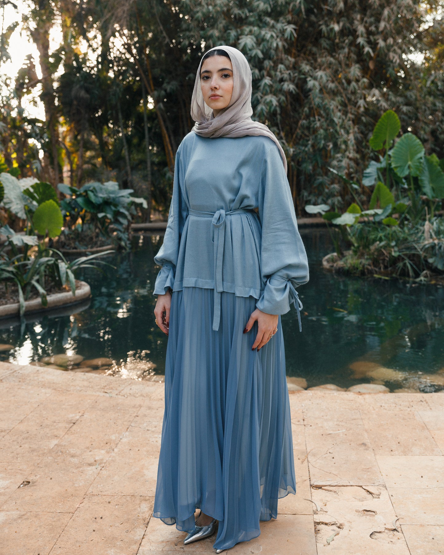 Linen contrast dress ( pale blue)