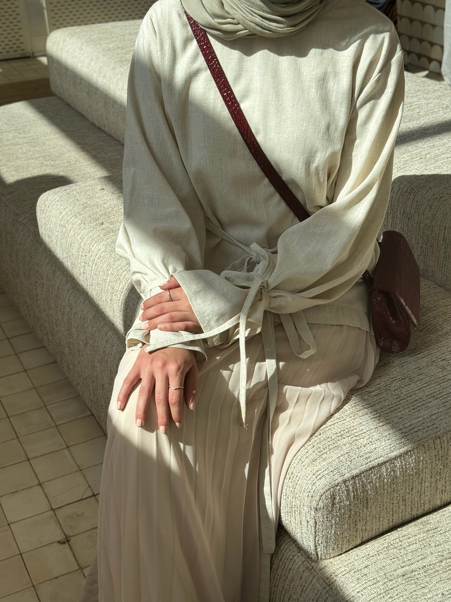 Linen contrast dress ( beige)