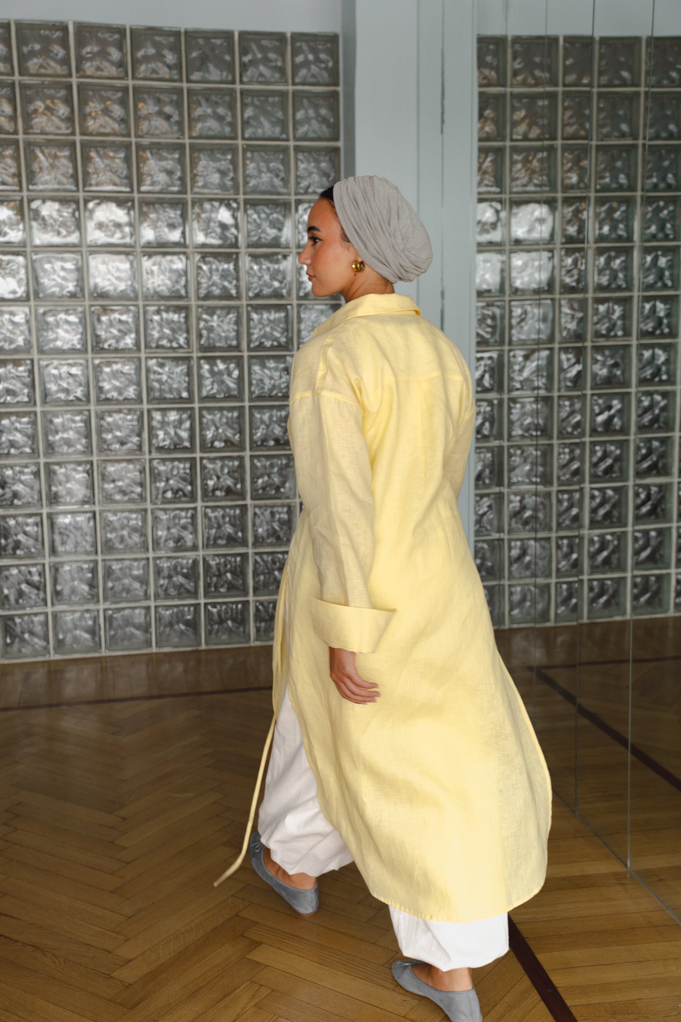 Pure linen ribbon shirt ( yellow)