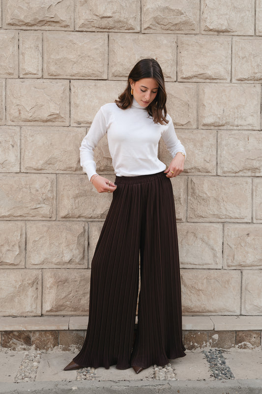Pleated Flow Pants-Brown