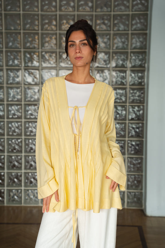 Linen pleats cardigan (Yellow)