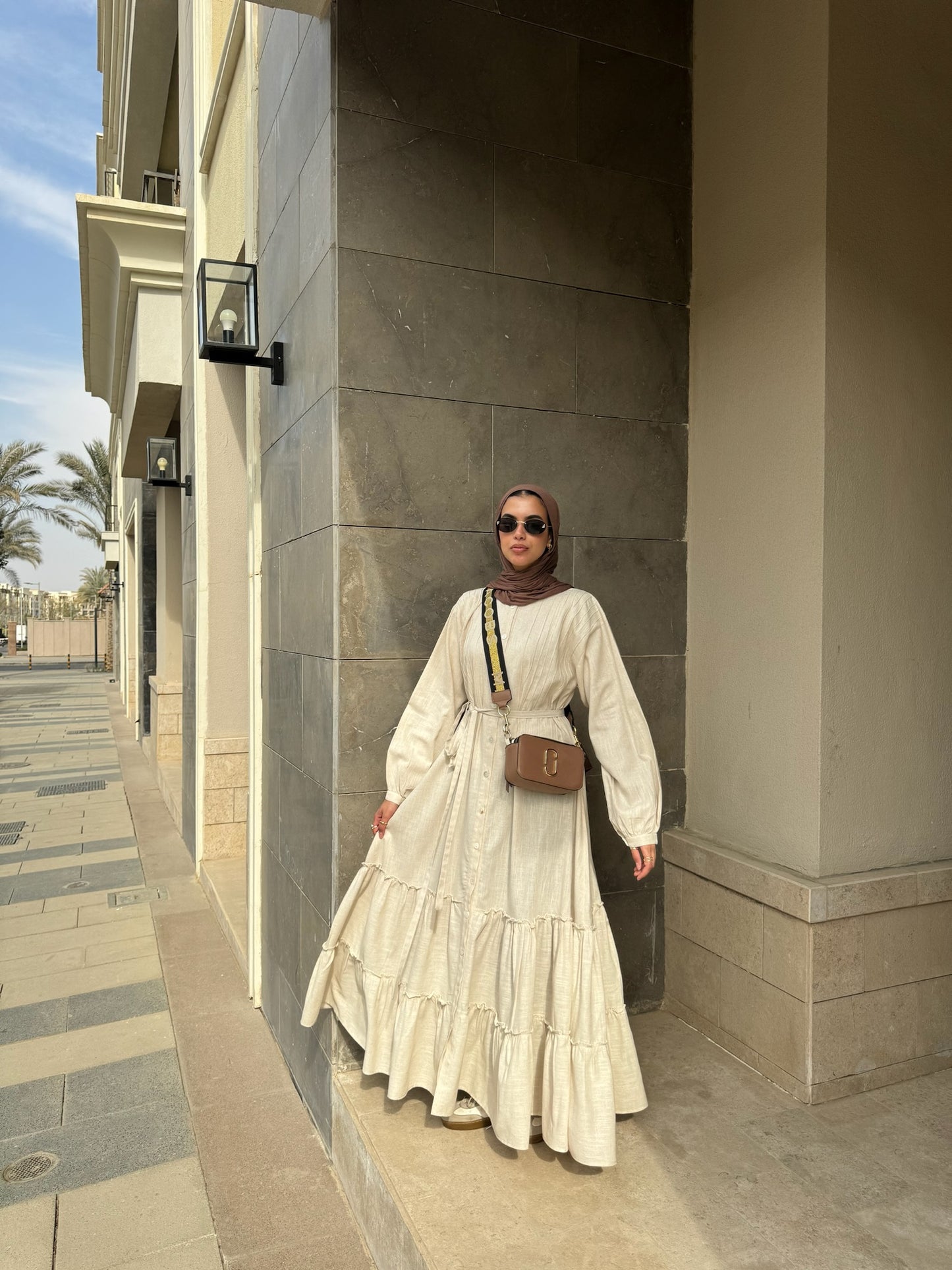 Ruffled linen dress (beige)