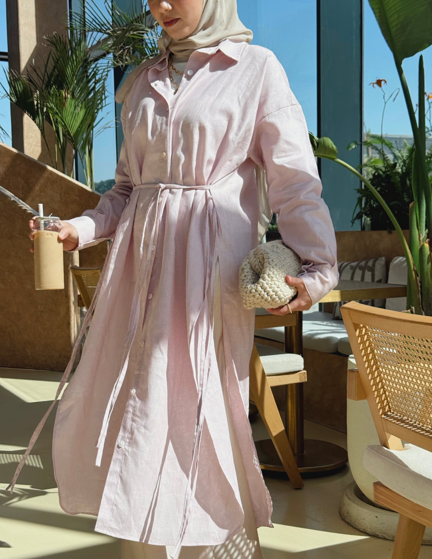 Pure linen ribbon shirt ( Rose )