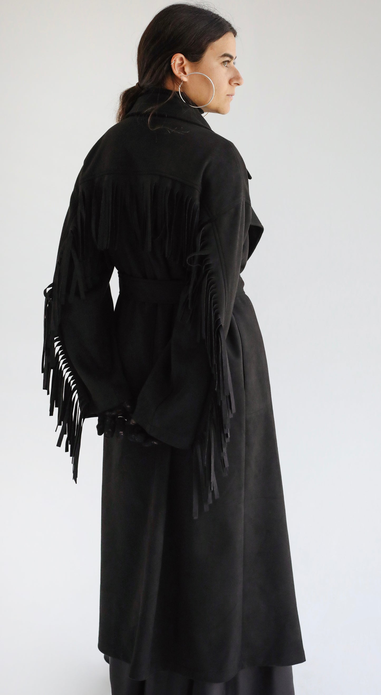 Suede Fringe Coat-Black
