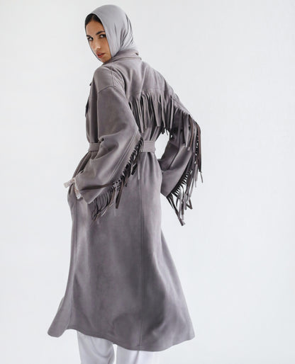 Suede Fringe Coat -Grey