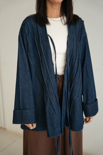 Denim pleates cardigan