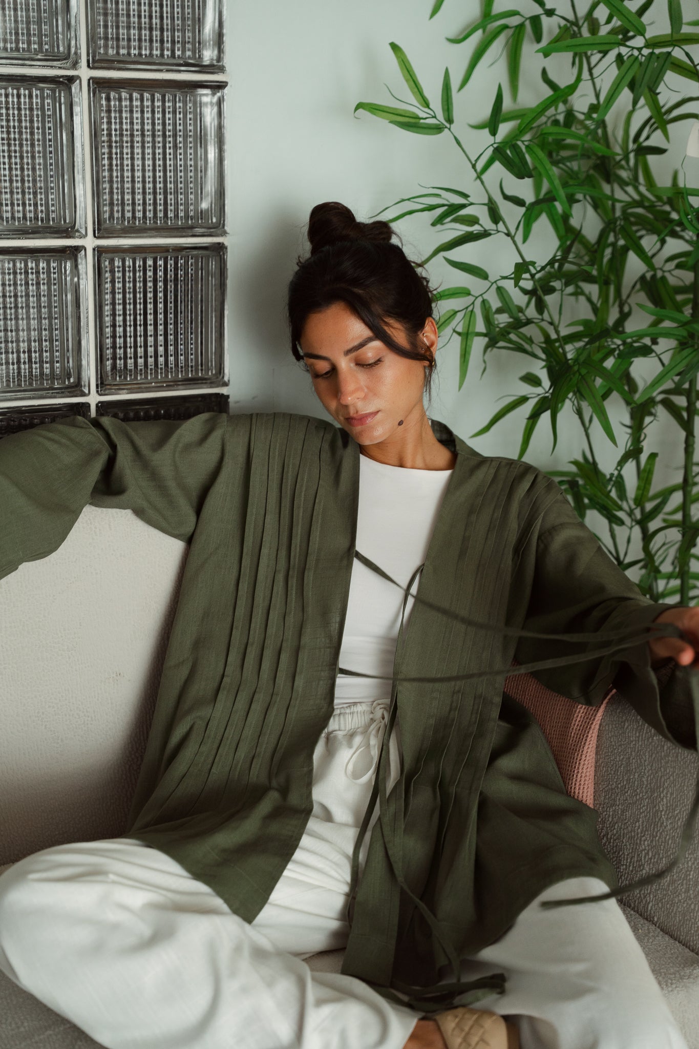 Linen pleats cardigan ( olive)