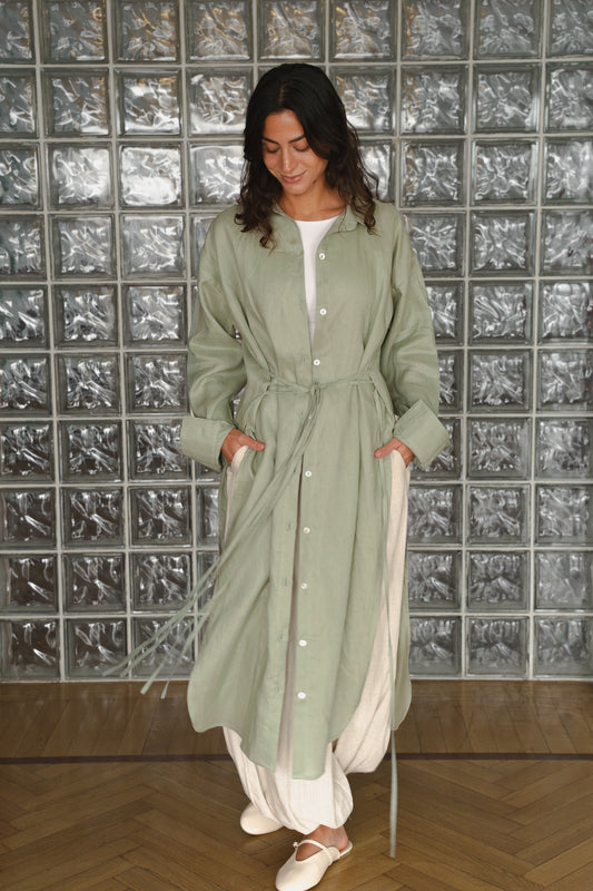 Pure linen ribbon shirt-Sage