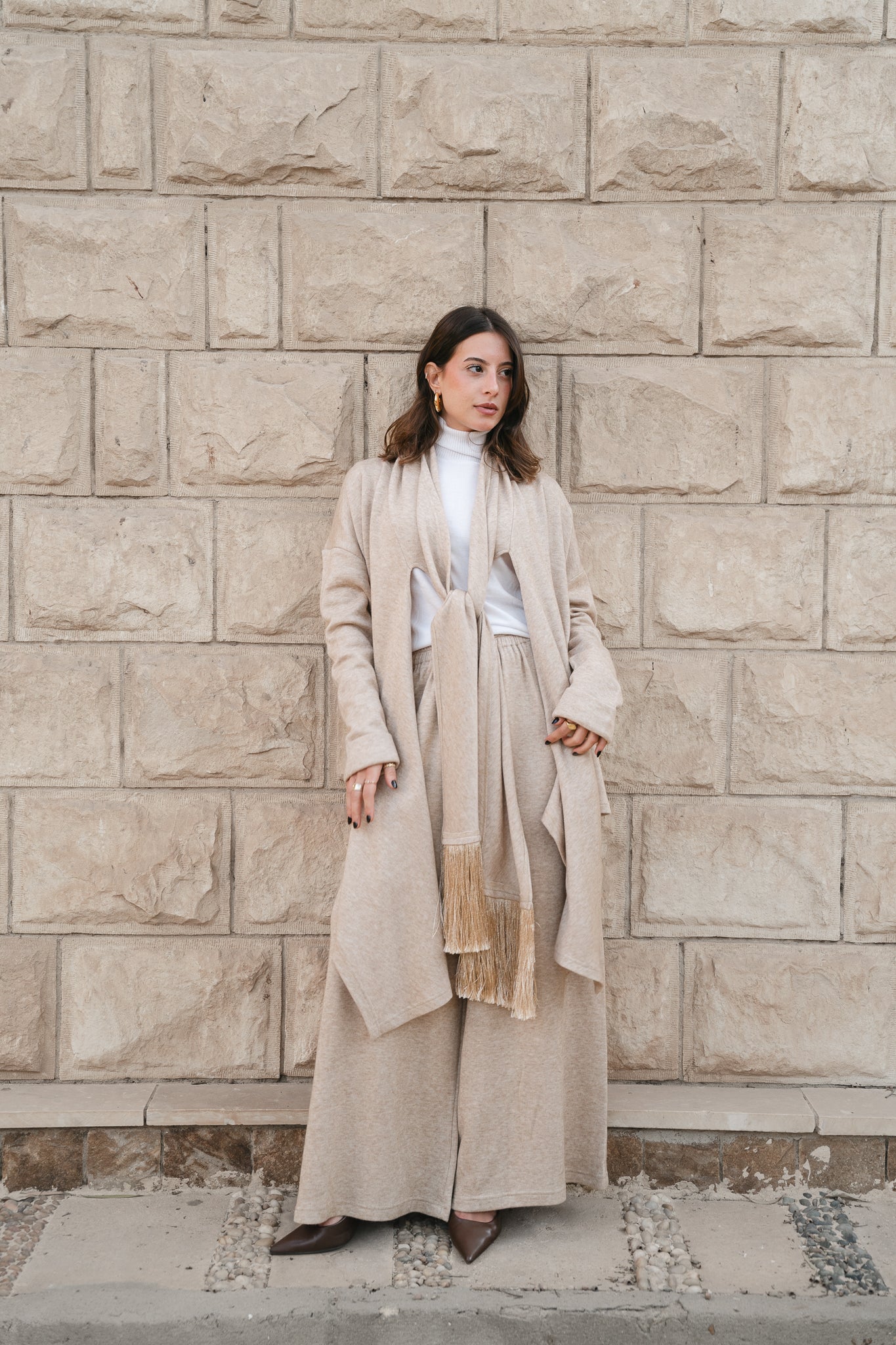 Draped Fringe set-beige