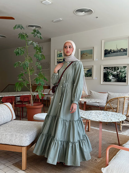 Ruffled linen dress (olive)