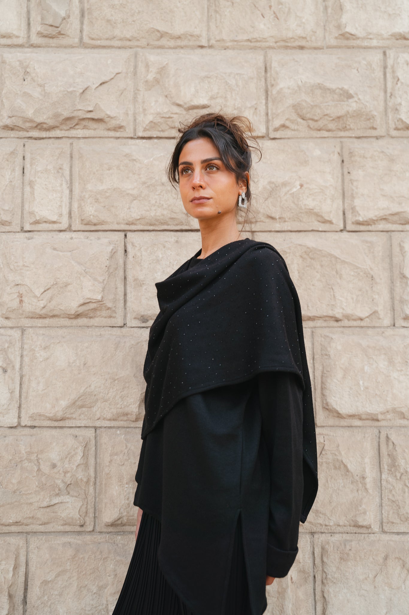 Studded Shawl Top-Black