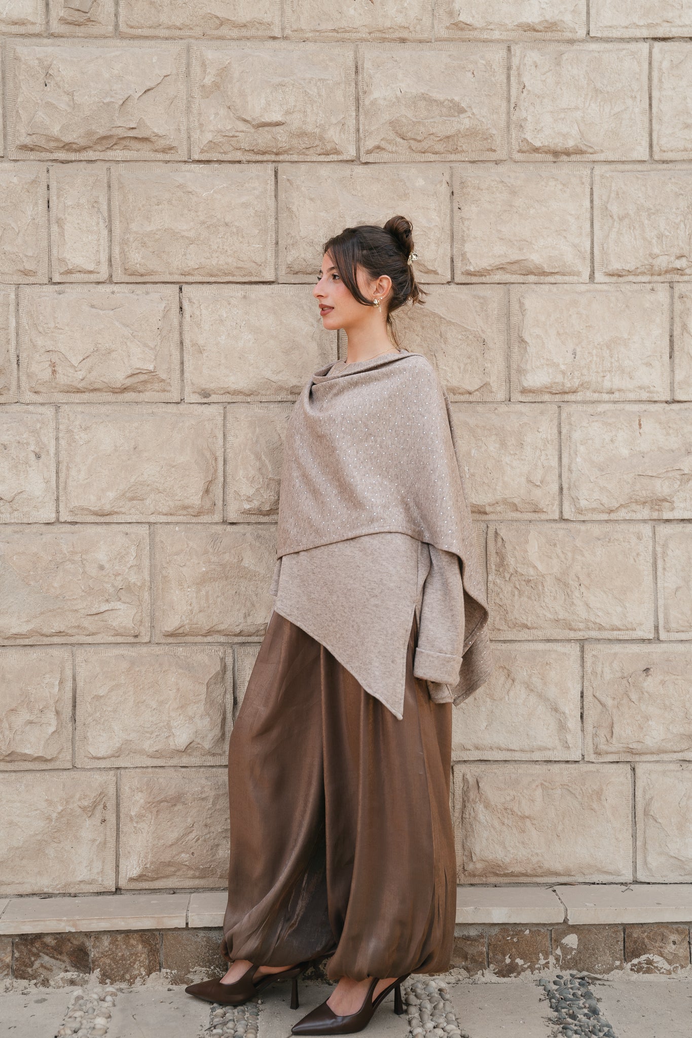 Studded Shawl Top-Coffe