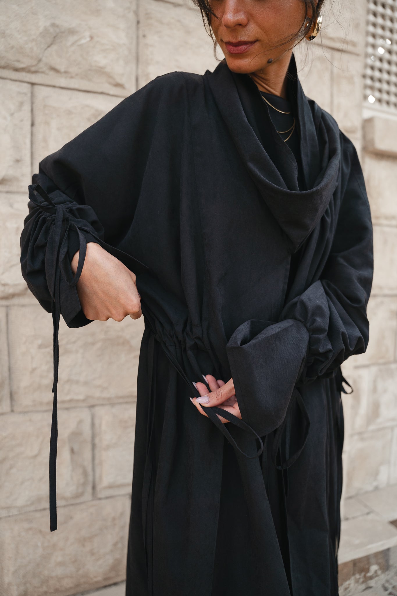 Draped Tie Cardigan-Black