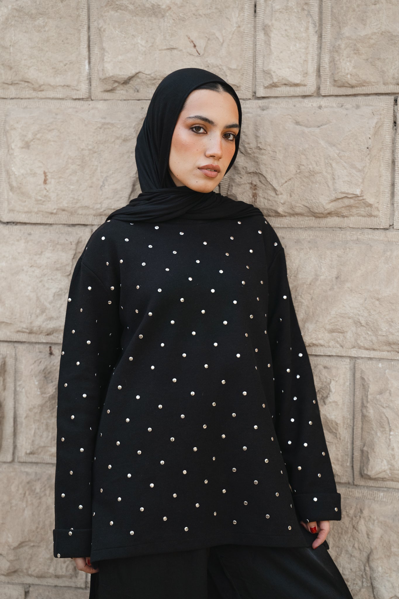 Dotted Wool Top-Black