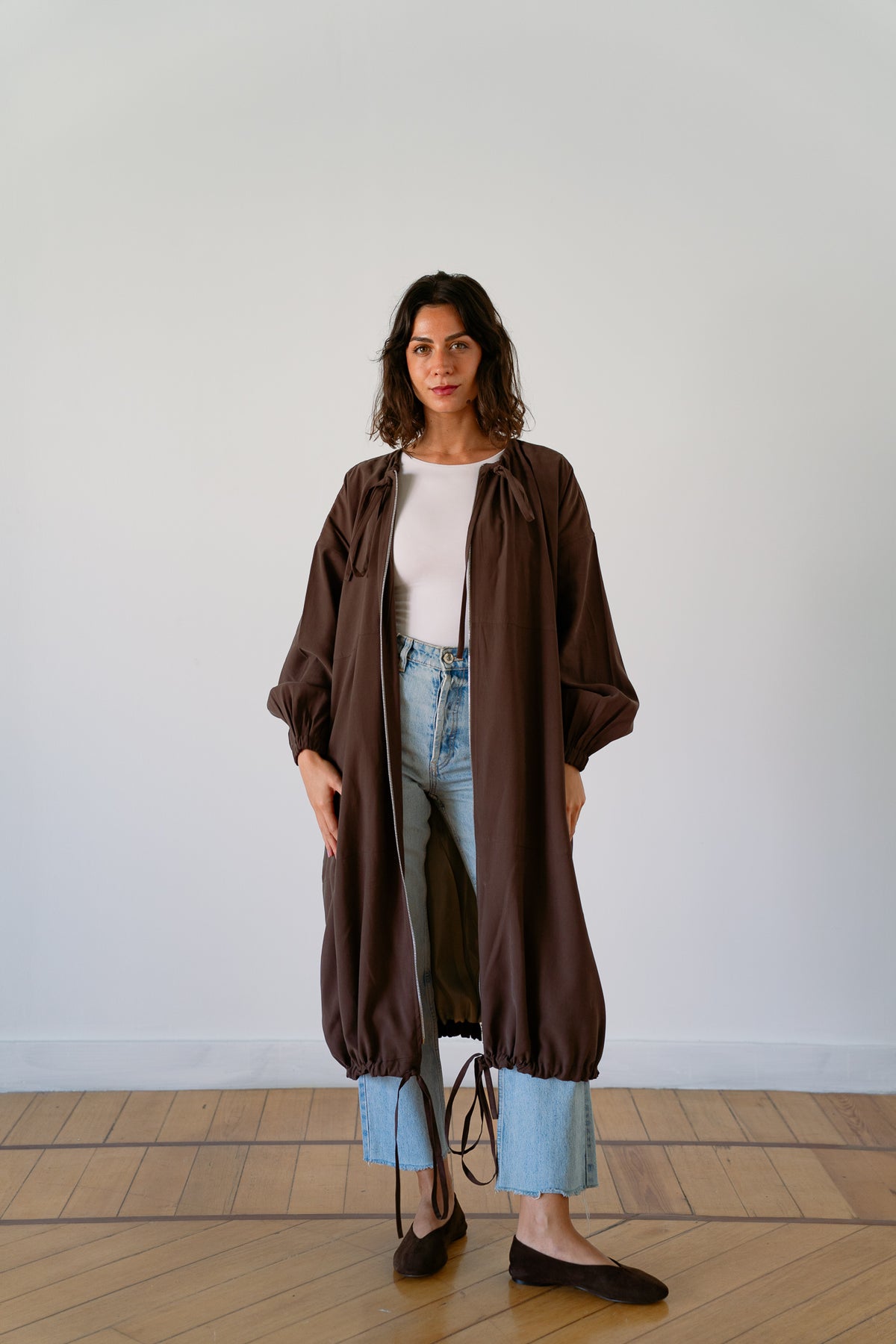 Drawstring Balloon Jacket-Brown