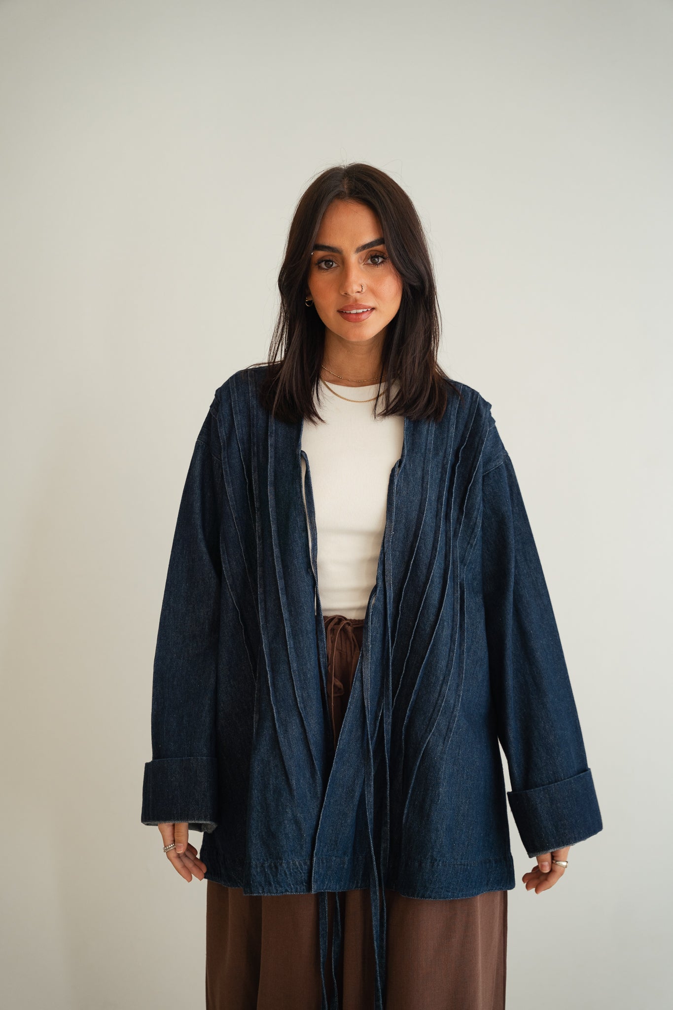 Denim pleates cardigan