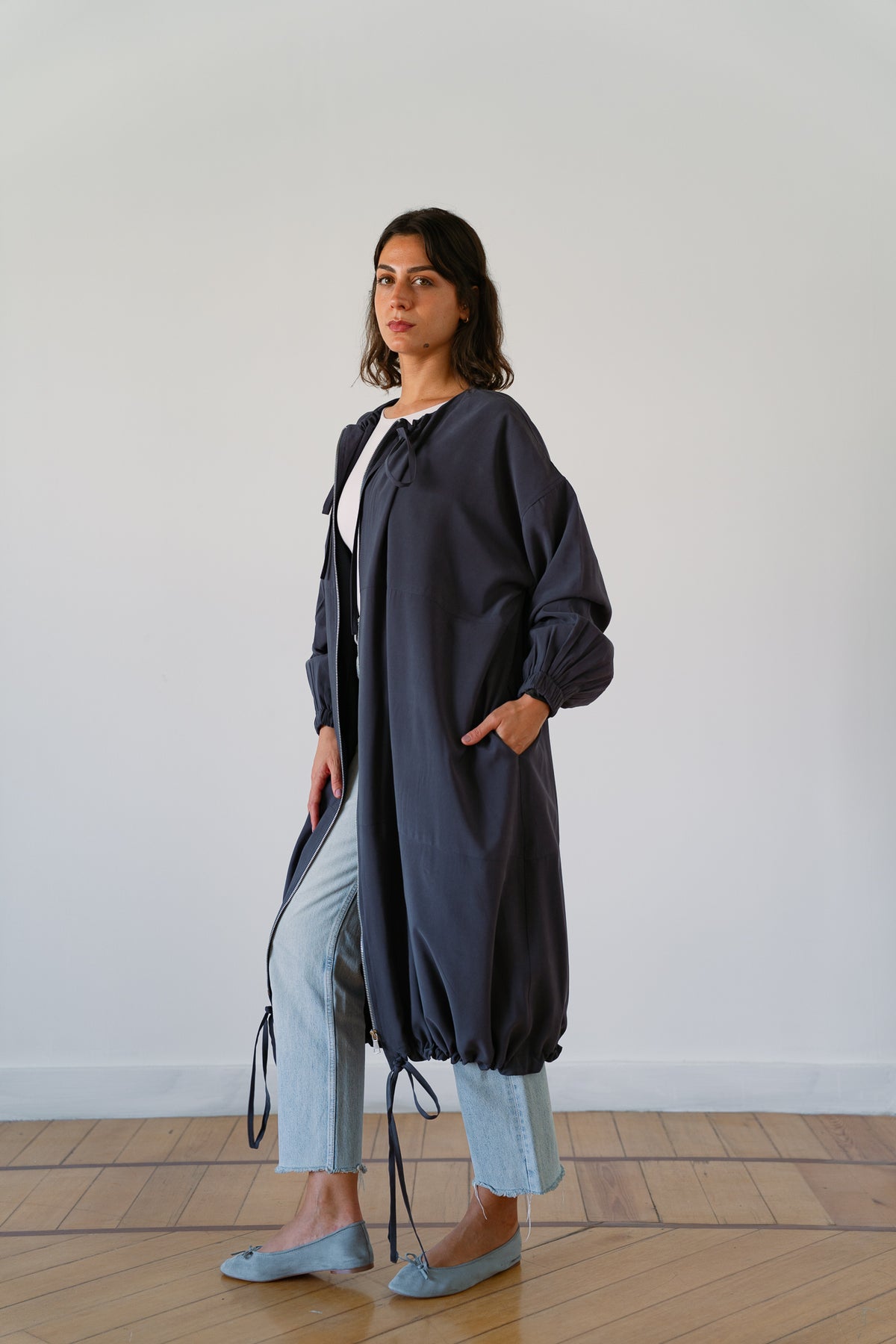 Drawstring Balloon Jacket-Smoke Grey