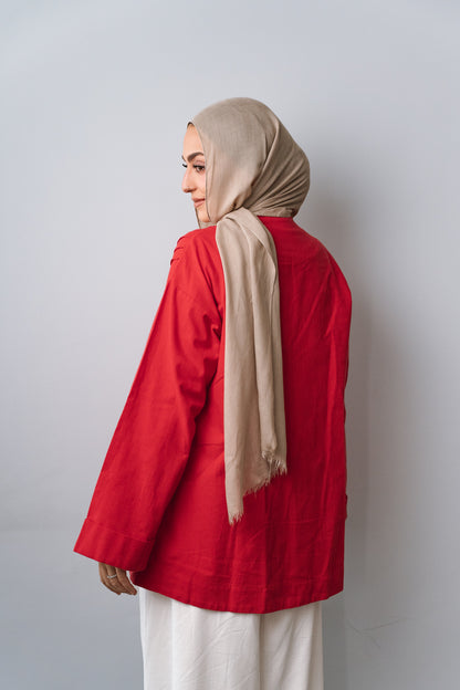 Linen Pleats Cardigan-Red
