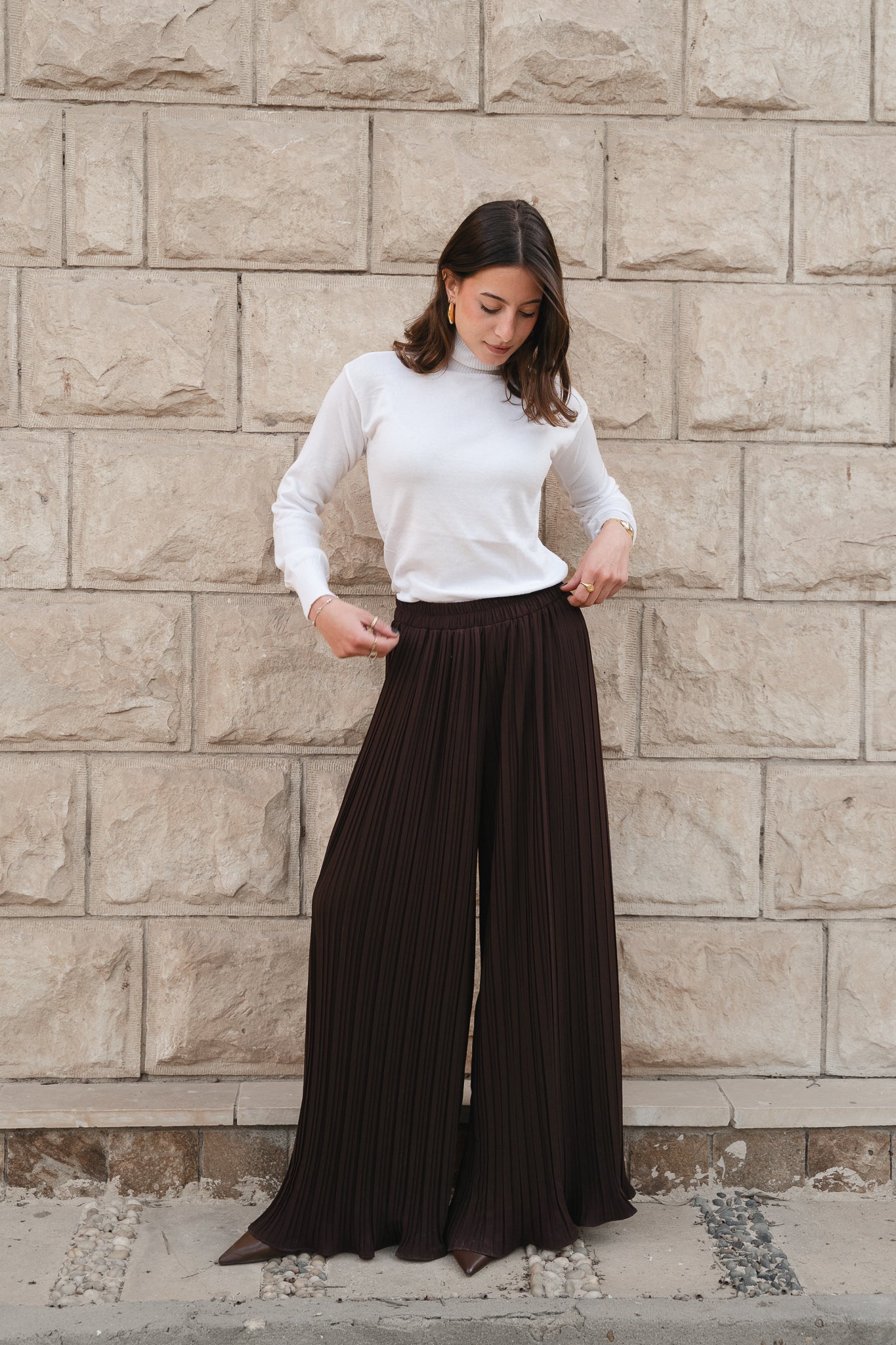 Pleated Flow Pants-Brown