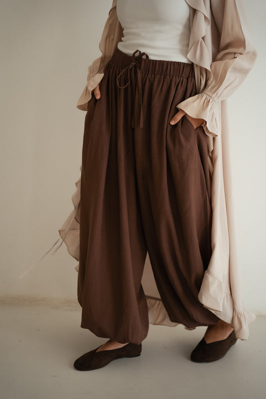 Linen balloon pants-Brown