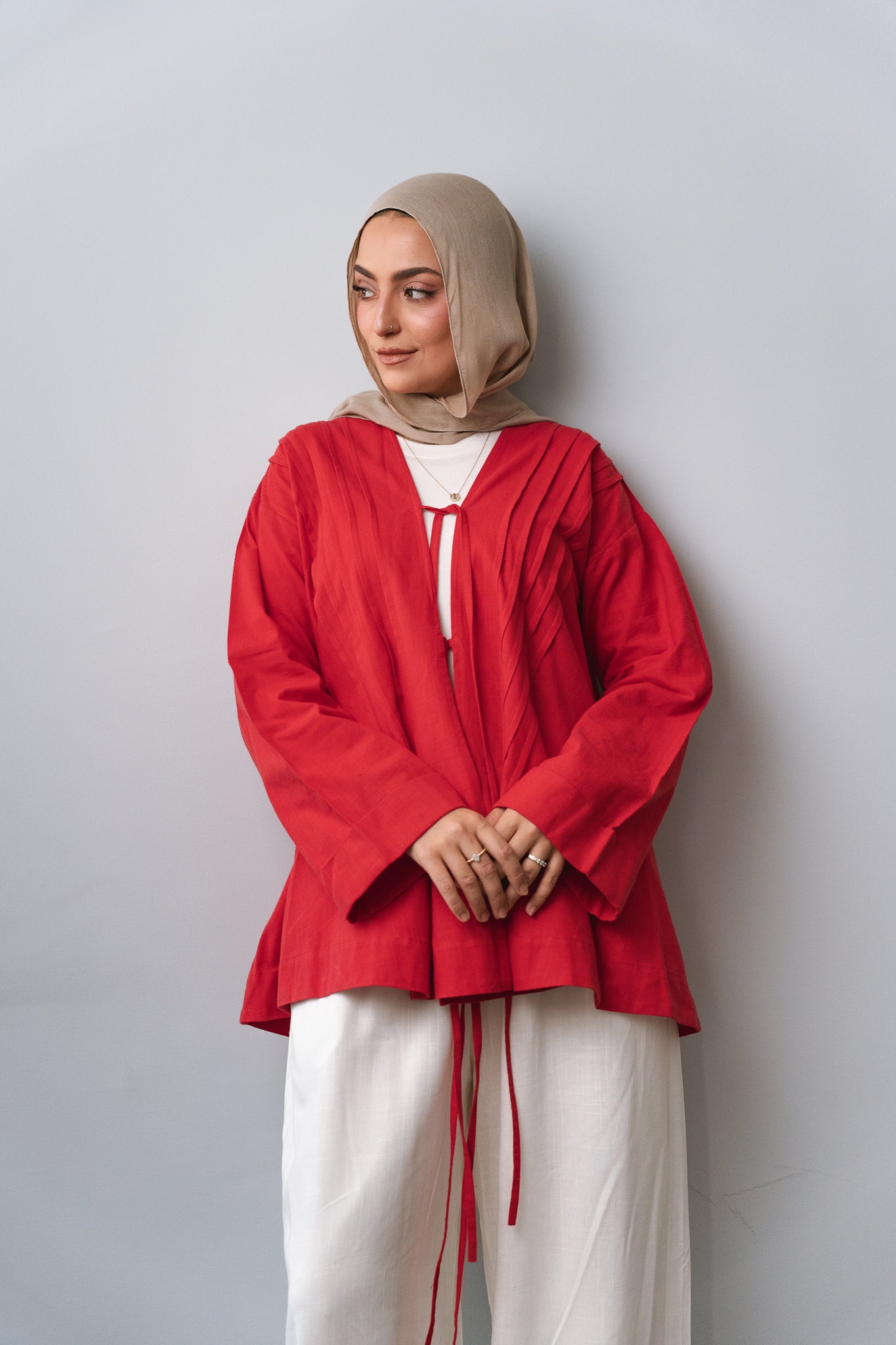 Linen Pleats Cardigan-Red