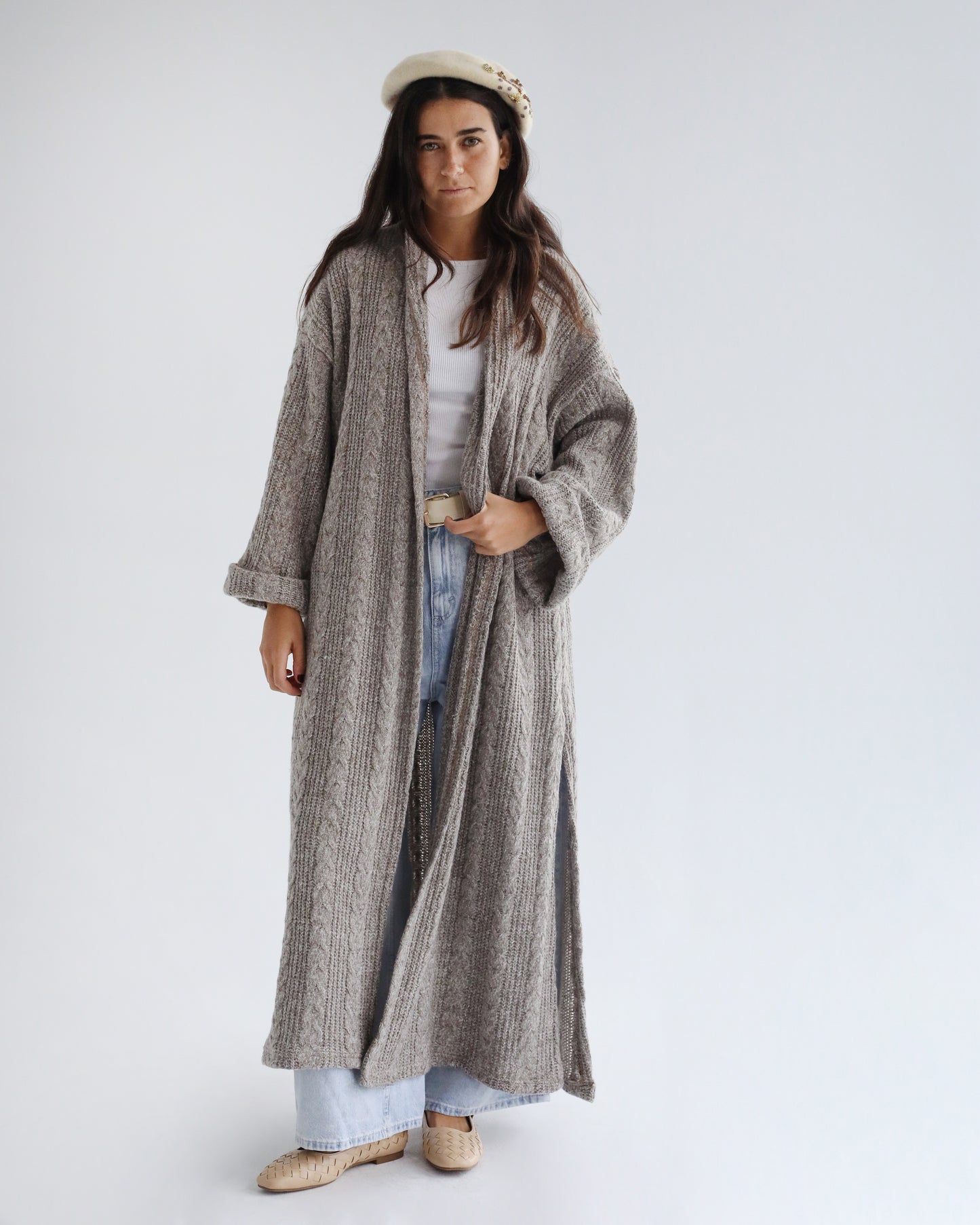 Knit Duster Cardigan-Beige