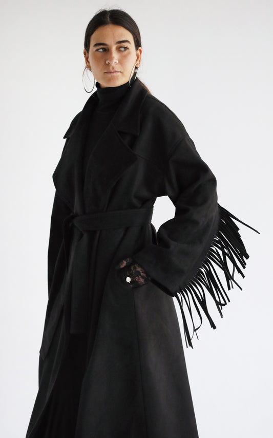Suede Fringe Coat-Black