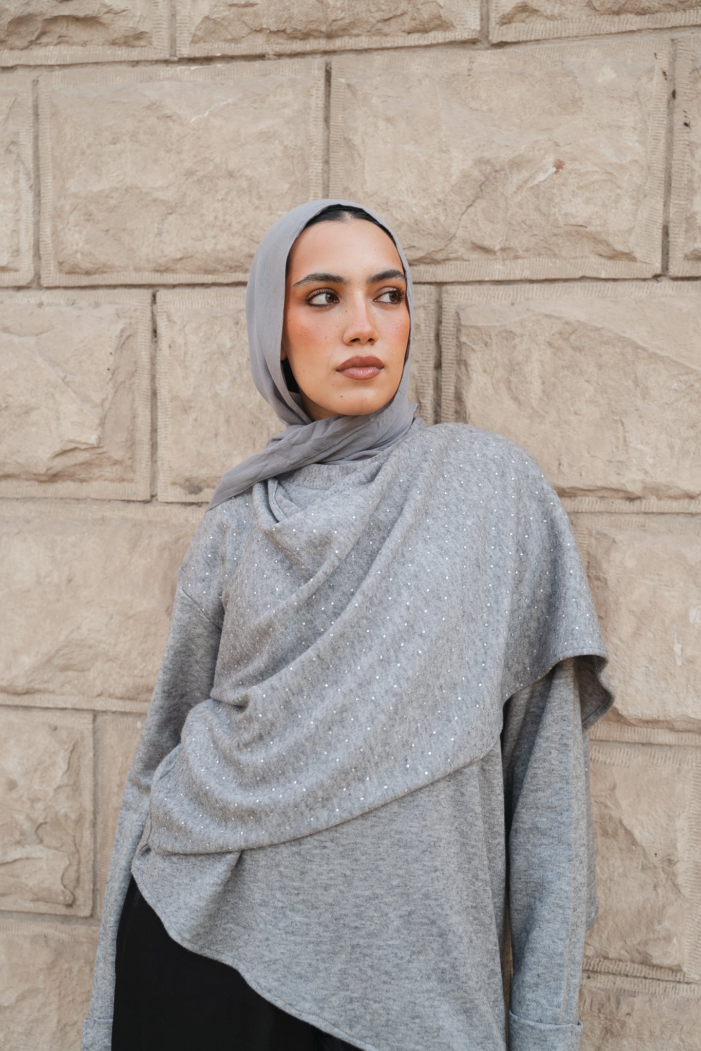 Studded Shawl Top-Grey