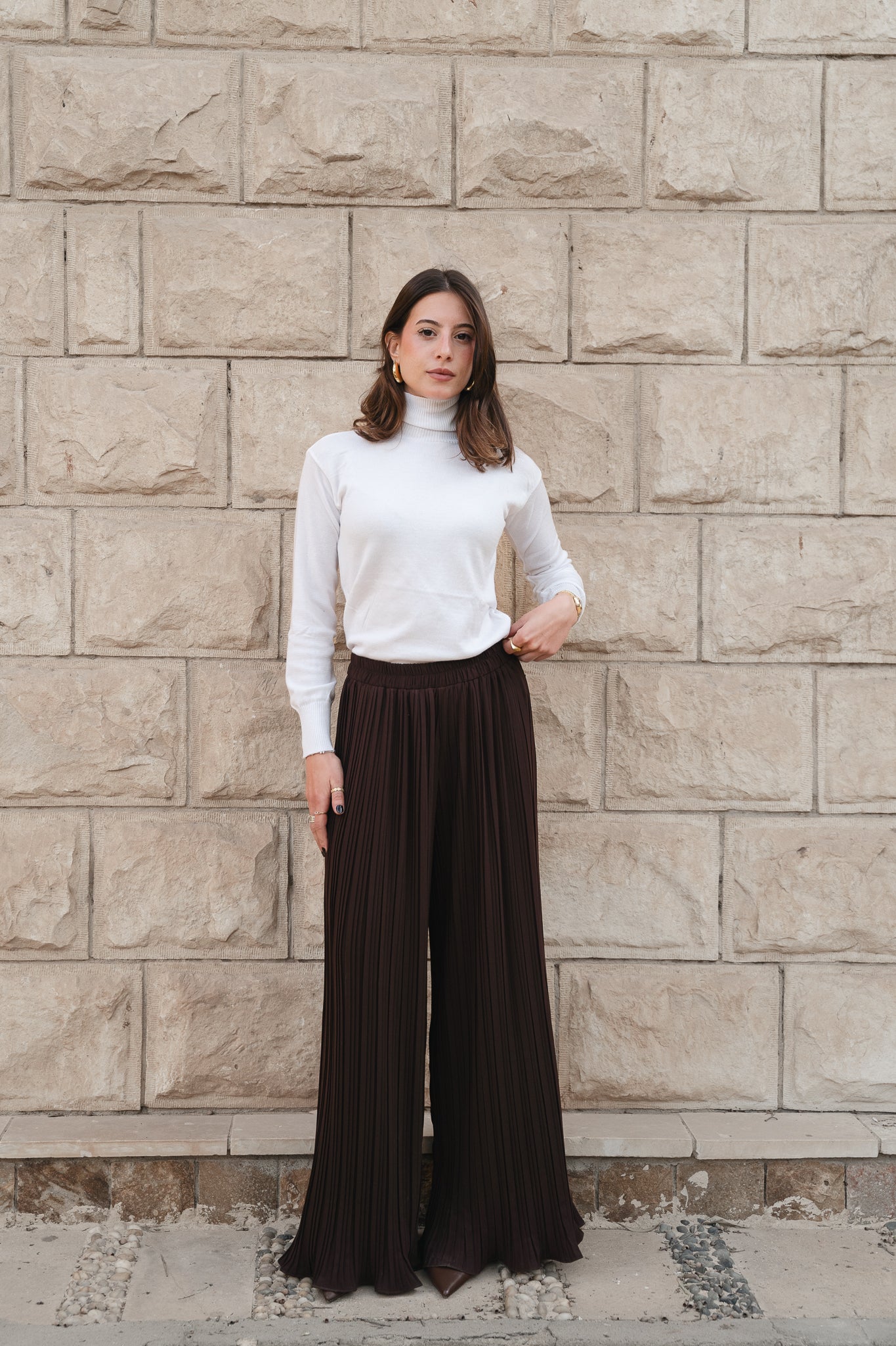 Pleated Flow Pants-Brown