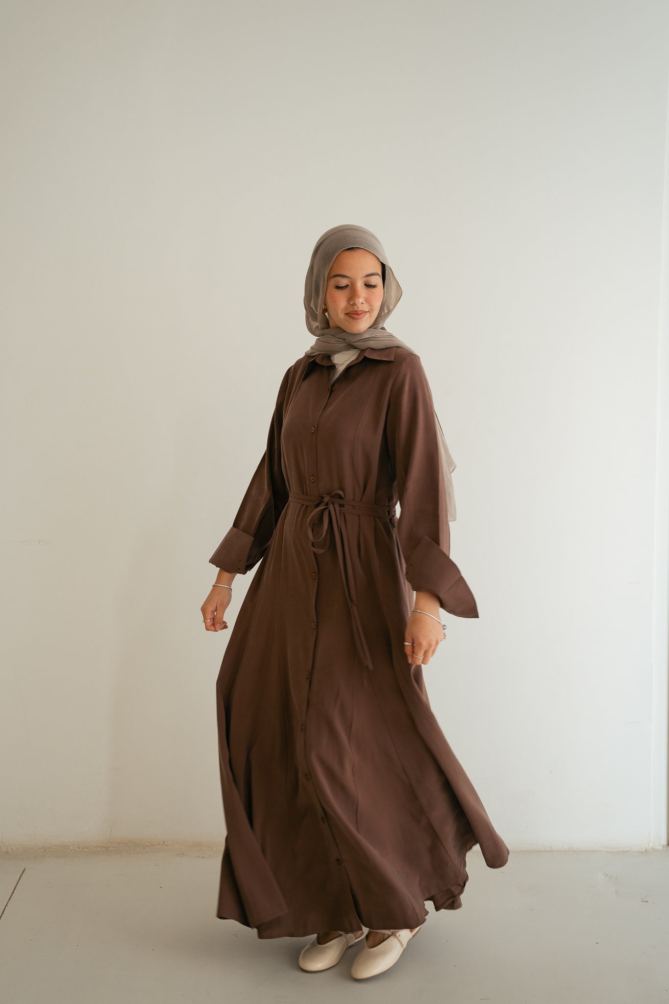 Minimal Button Dress-Brown