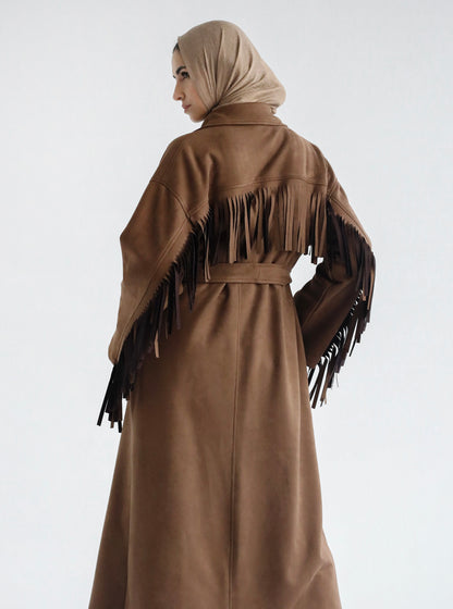 Suede Fringe Coats-Brown