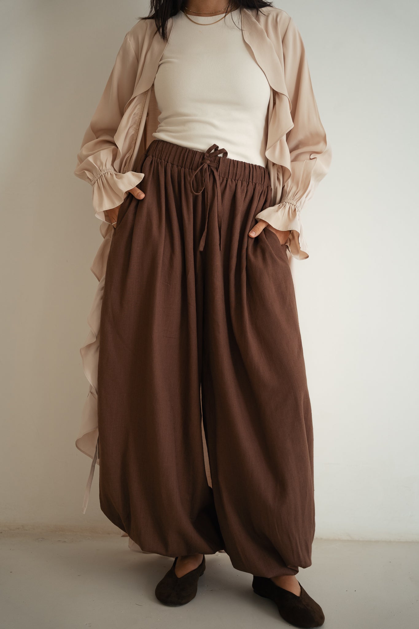Linen balloon pants-Brown