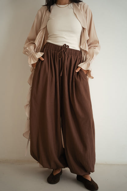 Linen balloon pants-Brown