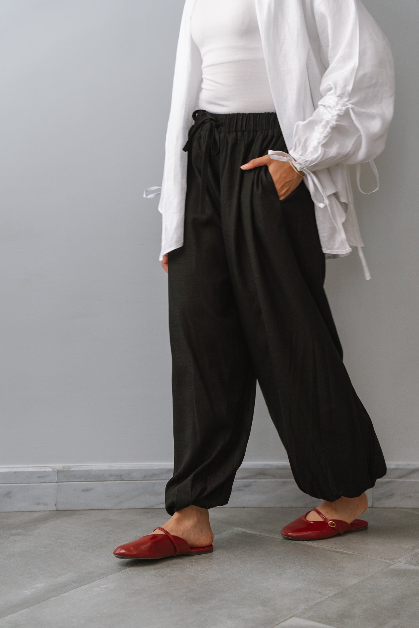 Linen Balloon pants-Black