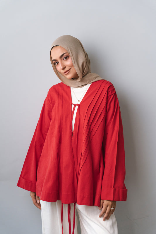 Linen Pleats Cardigan-Red