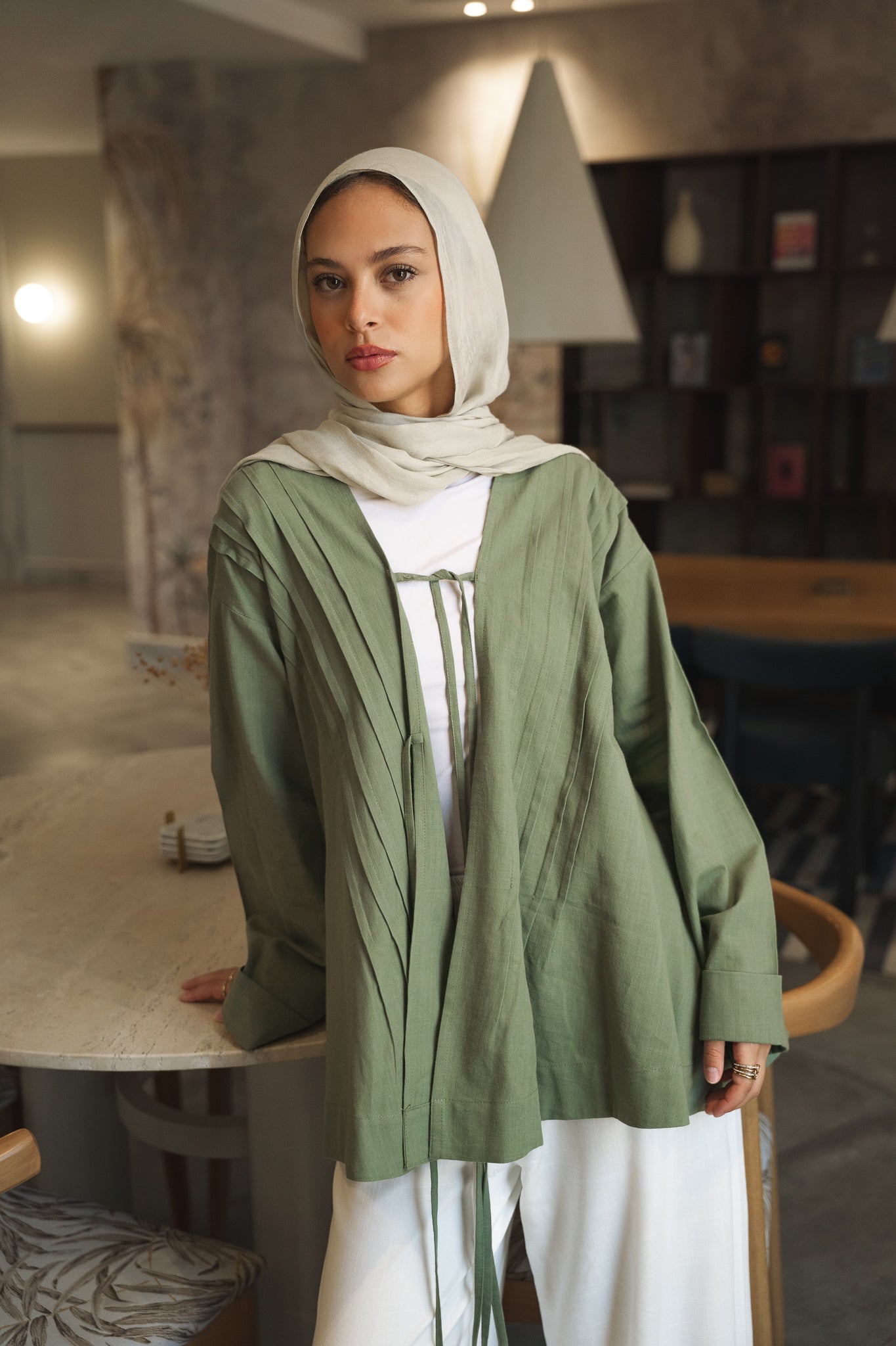 Linen pleats cardigan-olive