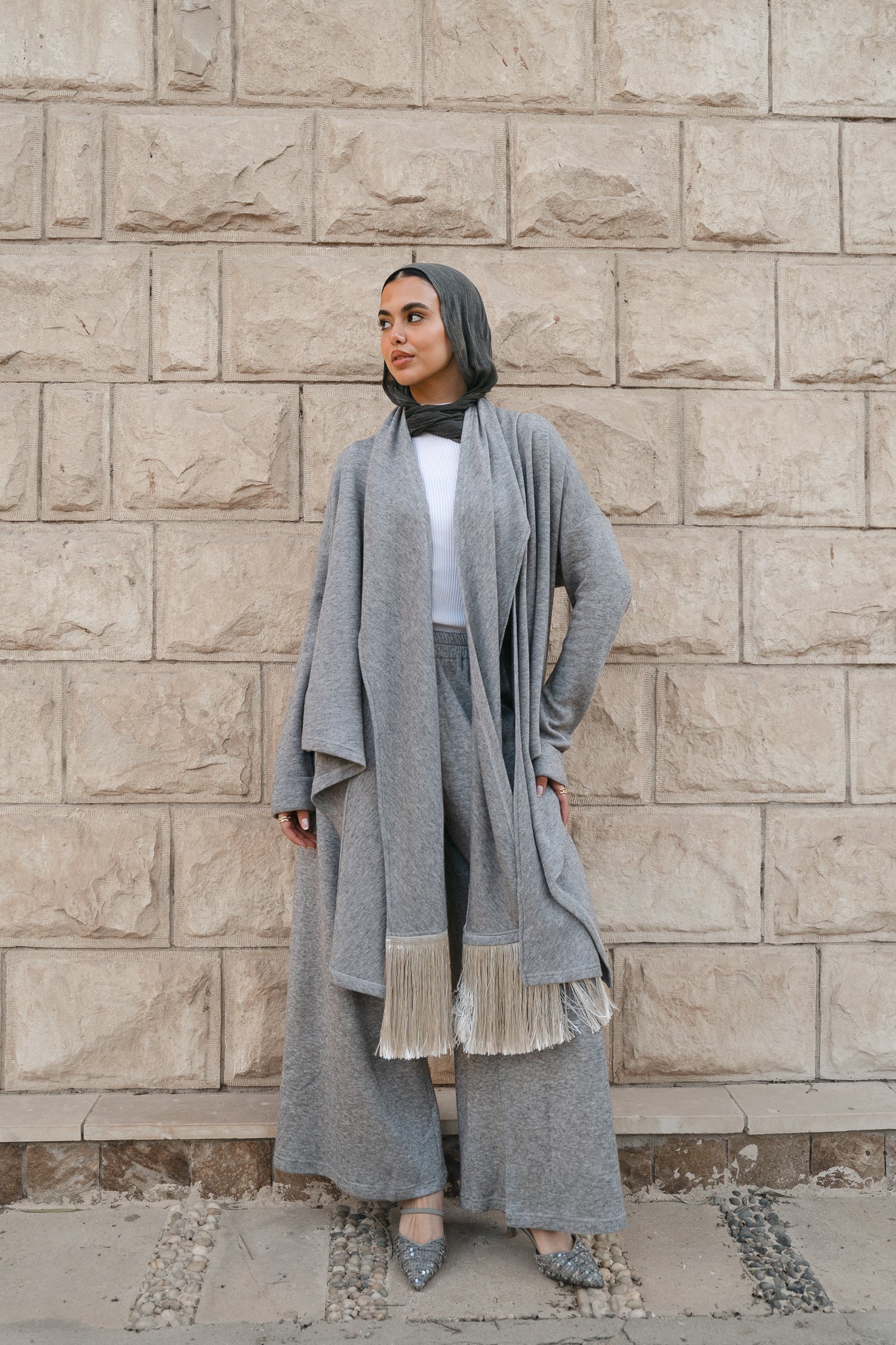 Draped Fringe Set-Grey