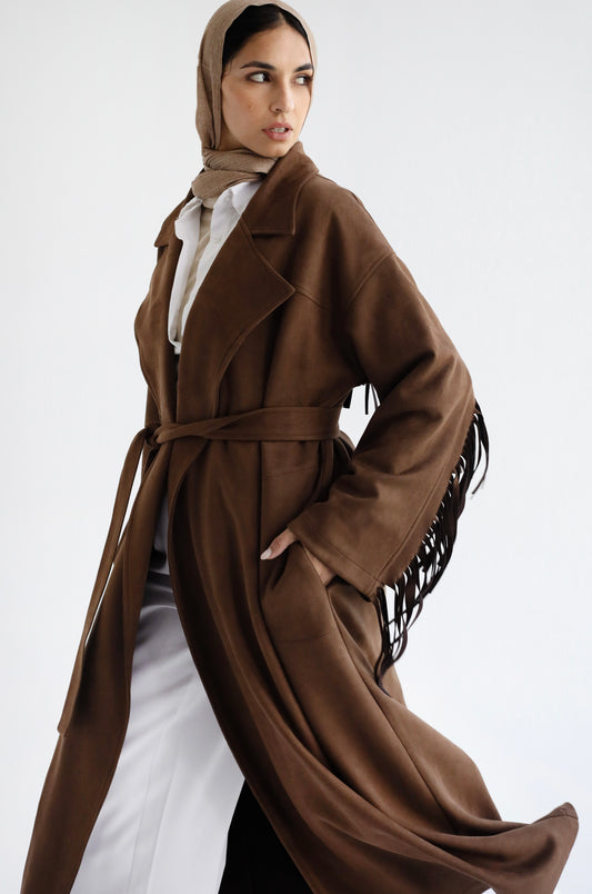 Suede Fringe Coats-Brown