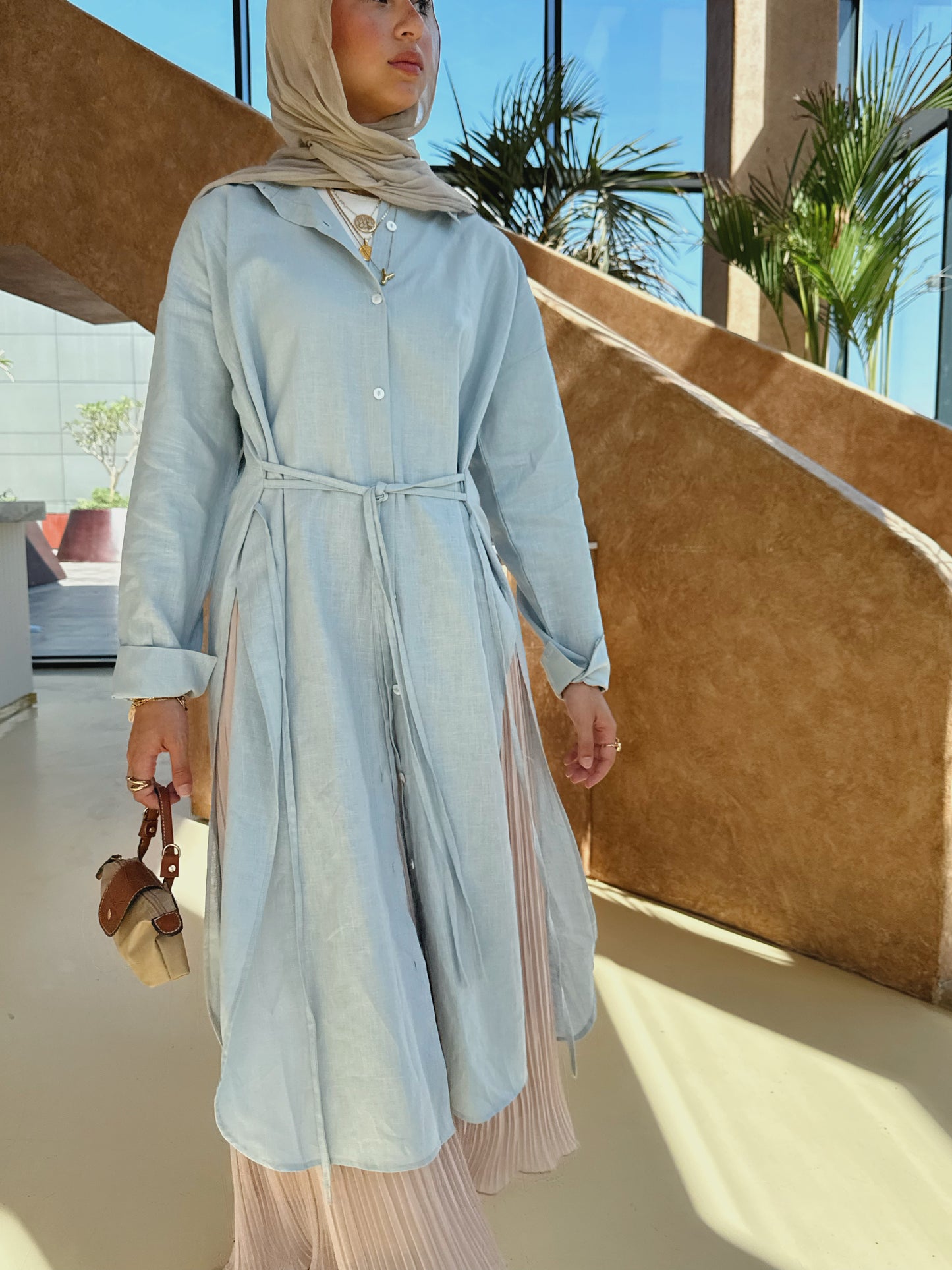 Pure linen ribbon shirt (Dusty blue)