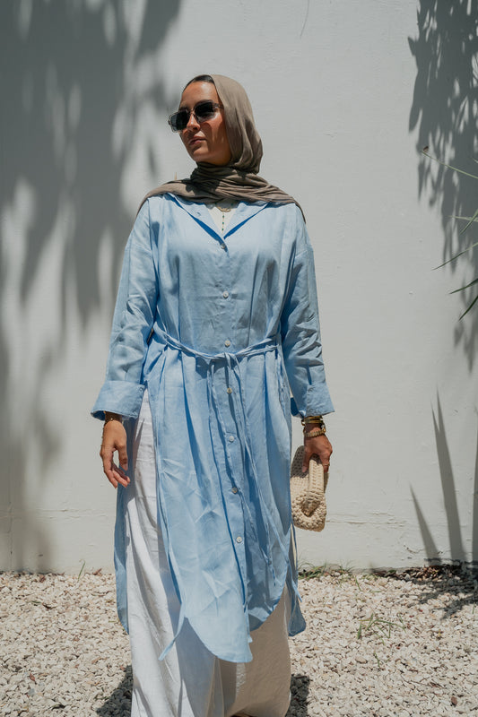 Pure linen ribbon shirt ( babyblue)