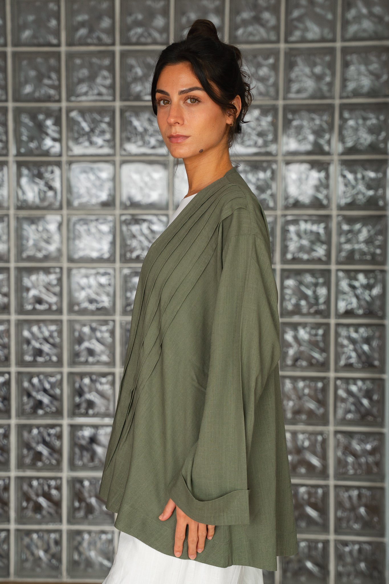 Linen pleats cardigan ( olive)