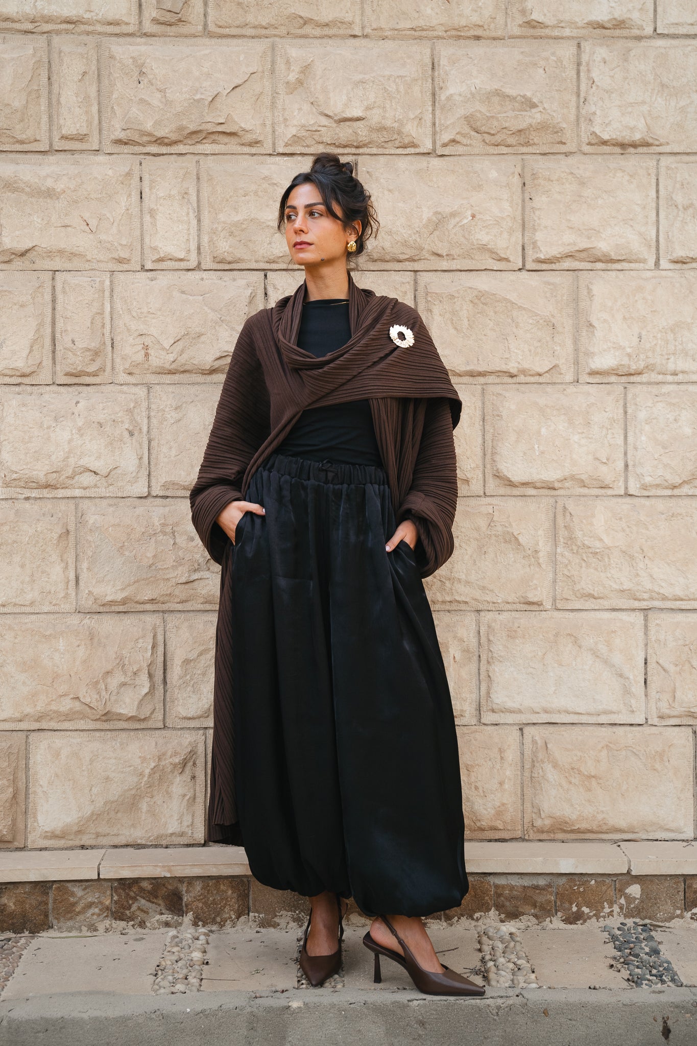 Draped pleated Cardigan - Brown