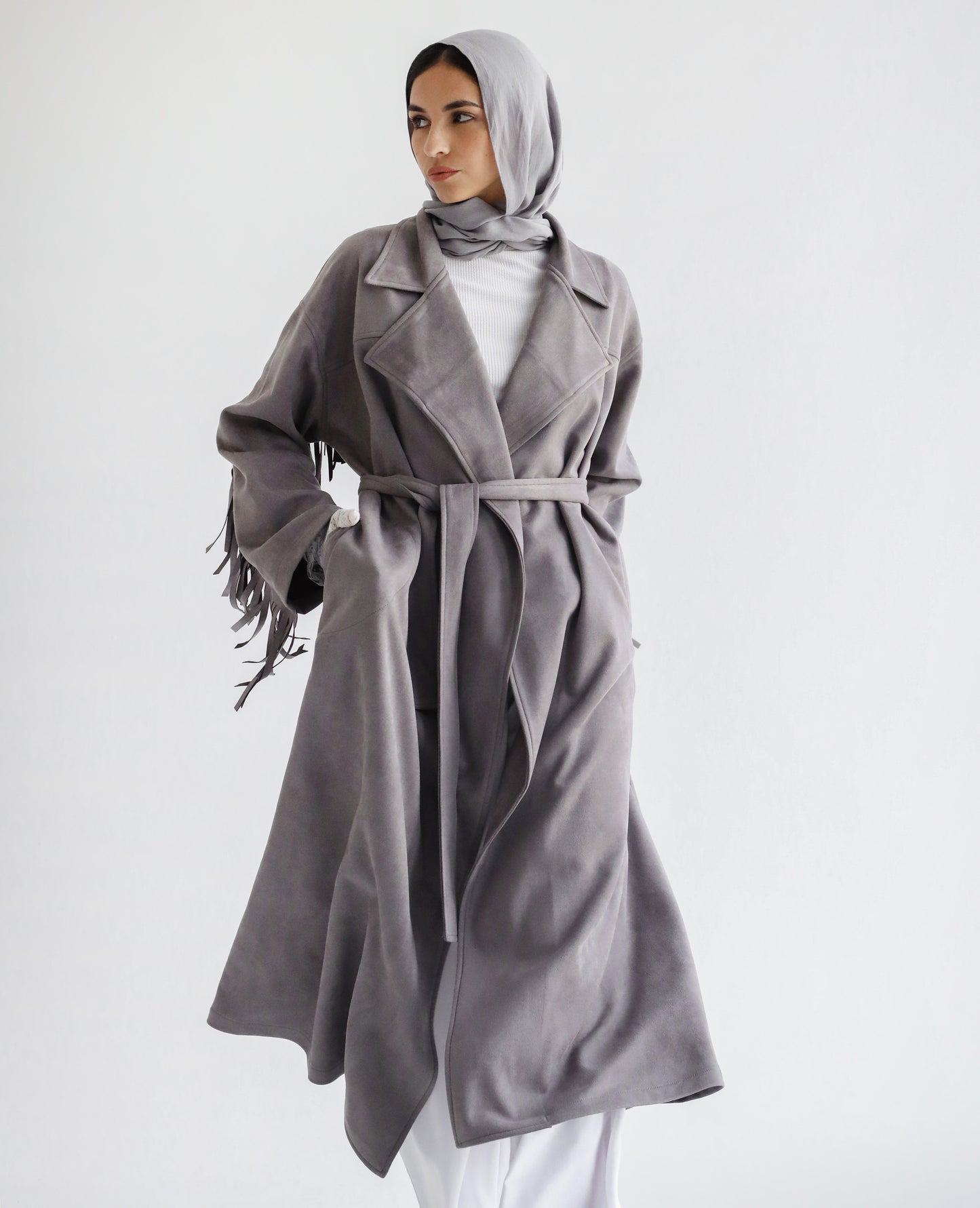 Suede Fringe Coat -Grey