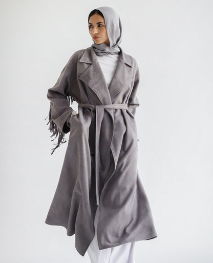 Suede Fringe Coat -Grey