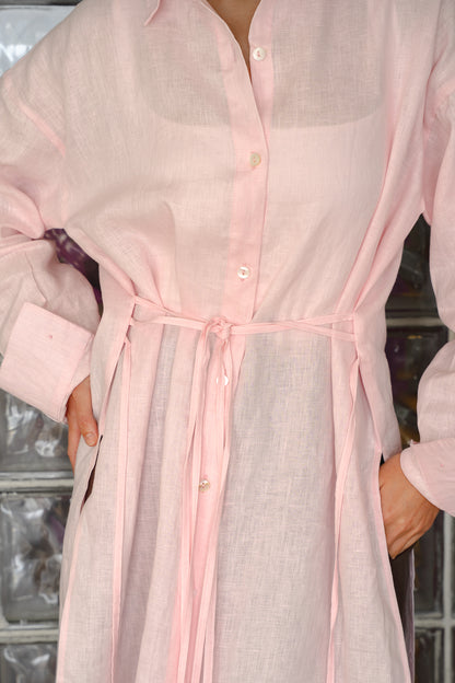 Pure linen ribbon shirt -Pink