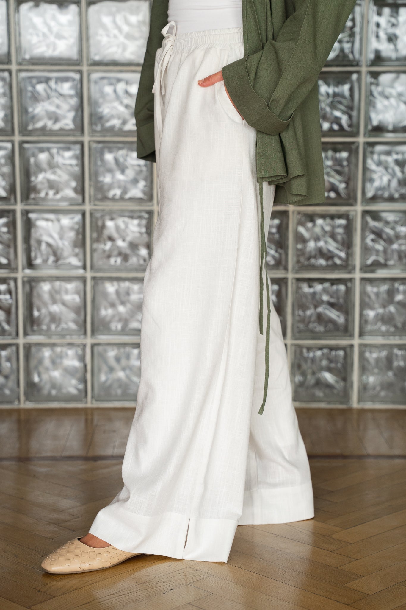 Flow Linen wide-leg pants ( white)