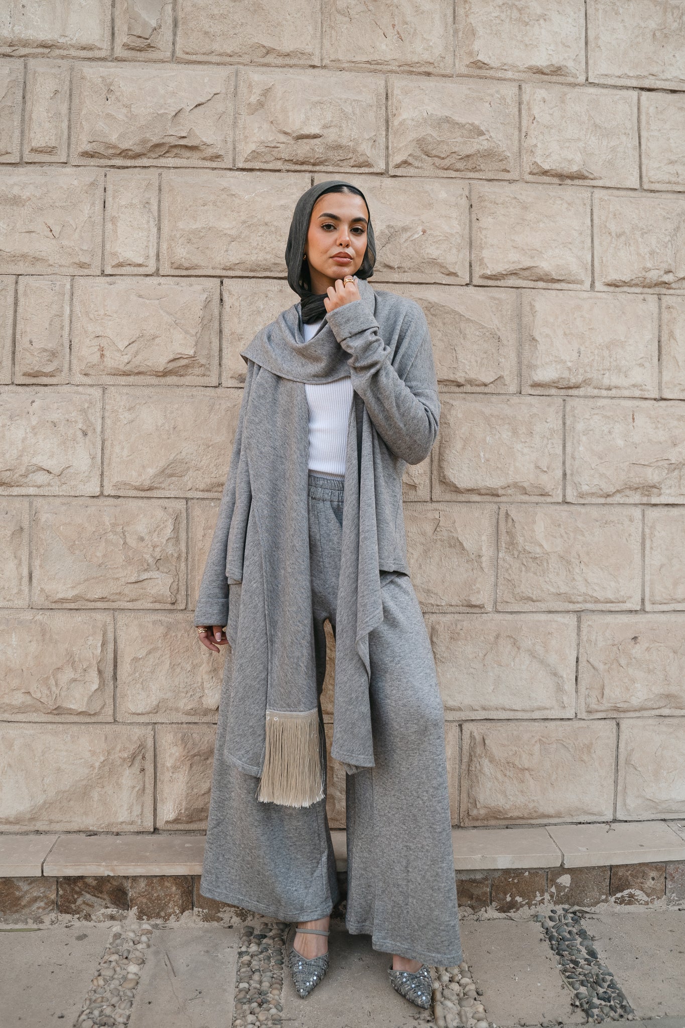 Draped Fringe Set-Grey