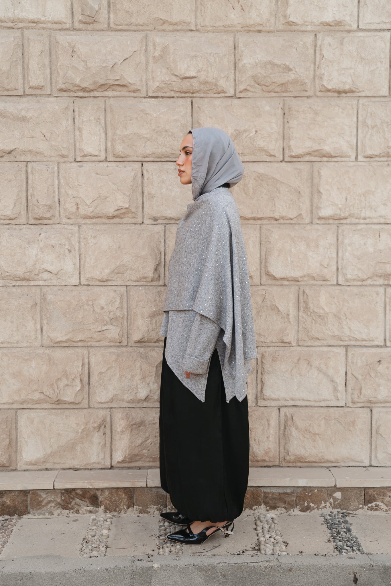 Studded Shawl Top-Grey